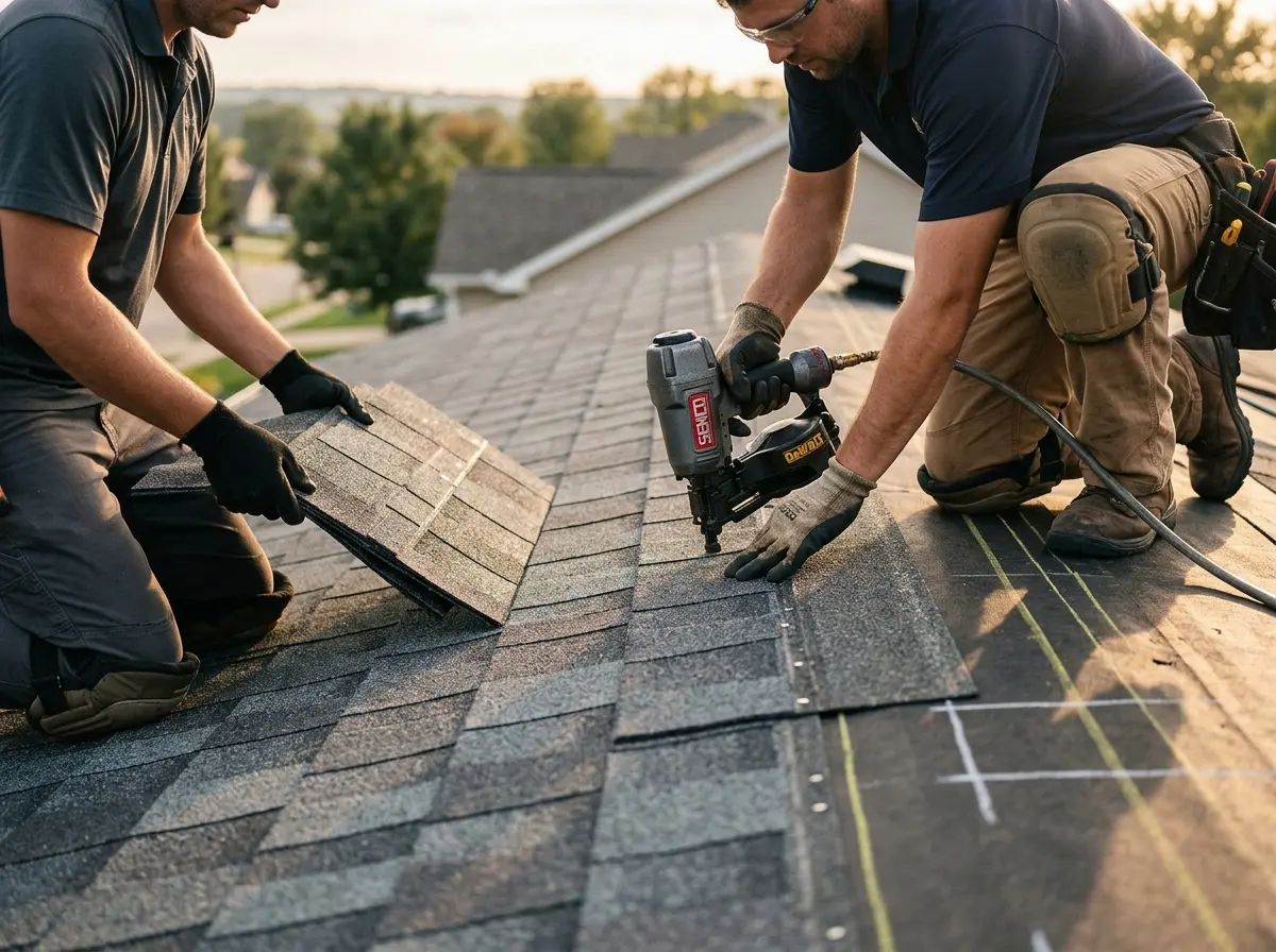 Professional roofer working on a residential roof in Lunenburg